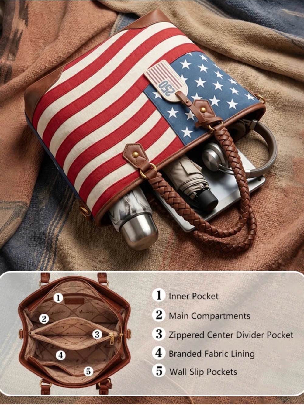 Montana West American Flag Braided Concealed Carry Tote Bag Black - Picture 10 of 11